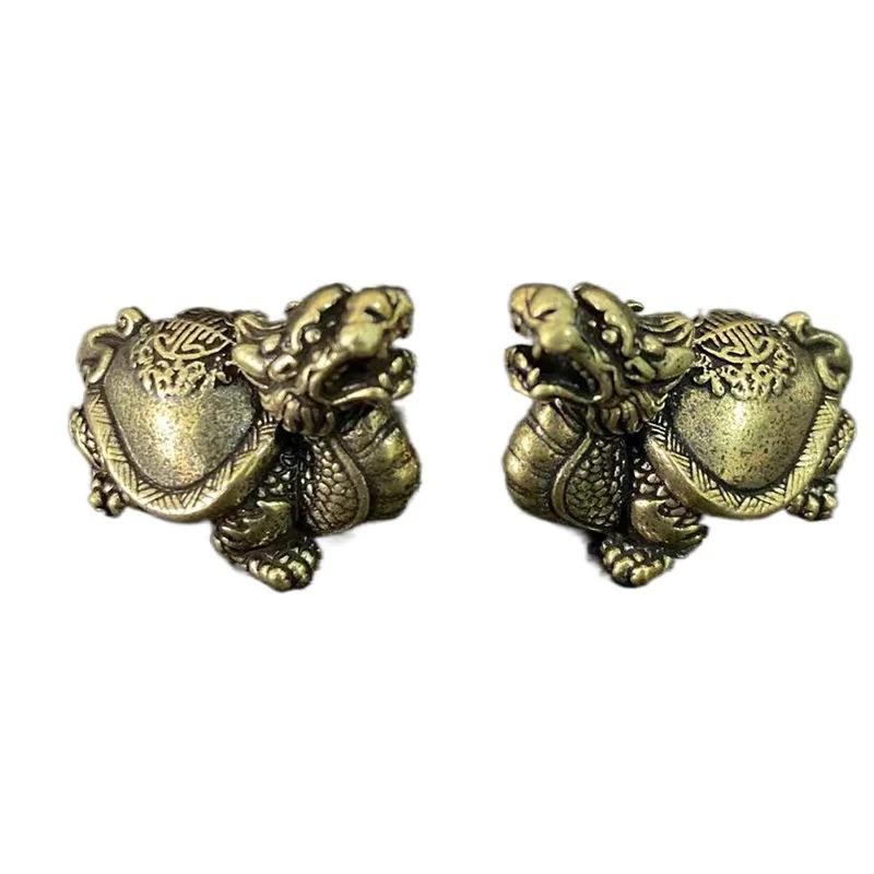 Lucky Animal Statue Desktop Ornament Decors Retro Brass Mythical Beast Dragon Head Turtle Body Figurines Miniatures Heavy Copper