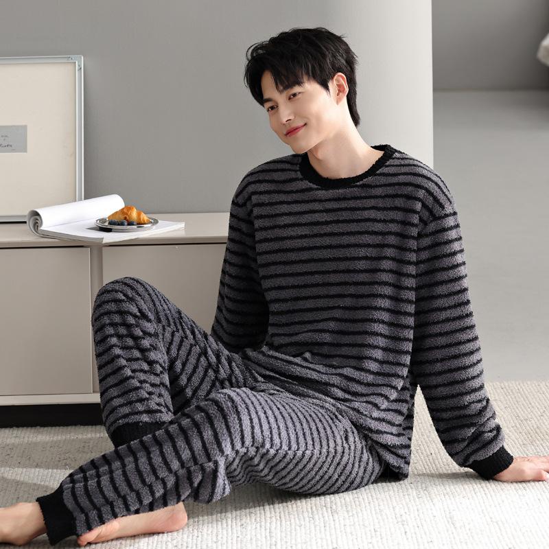 

Half Fleece Pajamas Men S Autumn And Winter Thickened Warm Coral Fleece Long-Sleeved Striped Loungewear Set 3XL