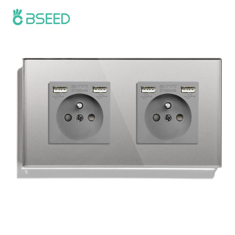 BSEED Single French Wall Socket Double Power Sockets Triple Electric Sockets With Type-c Double USB Charing Ports  Glass Frame