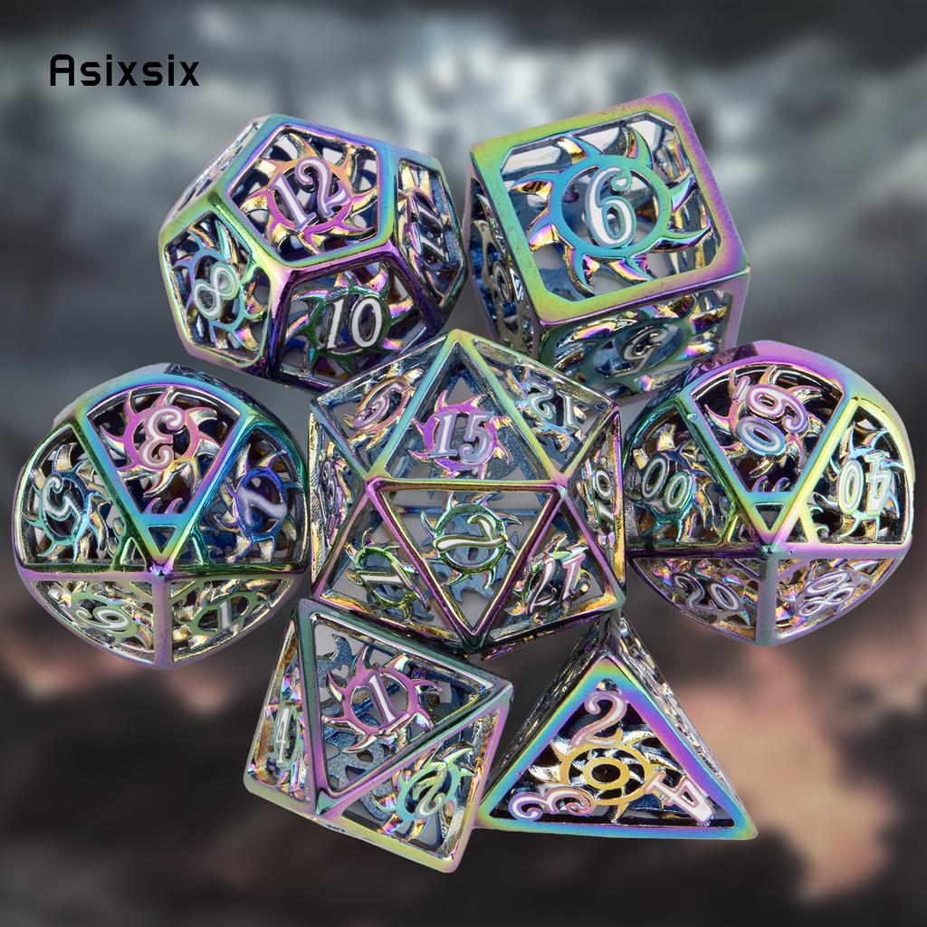 7 Pcs Colorful Rotary Cyclone Metal Dice Hollow Metal Polyhedral Dice Set Suitable for Role-Playing RPG Board Game Card Game