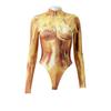 Women's Mock Printing Fashion Turtle Neck Tops Long Sleeve Bodysuit Jumpsuit