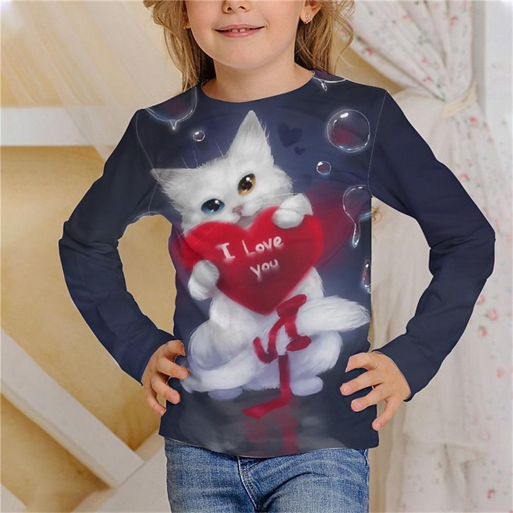 

Cute Cat Pattern Children s 3D Digital Printed Girls Fashionable and Comfortable Round Neck Long Sleeved T-shirt 170 темно-синий
