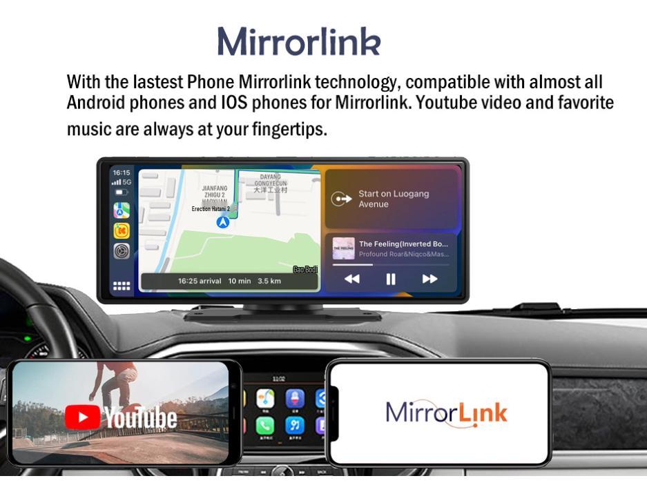 10.26" Carplay Screen DVR: 4K Front, 1080P Rear, Night Vision Dash Cam