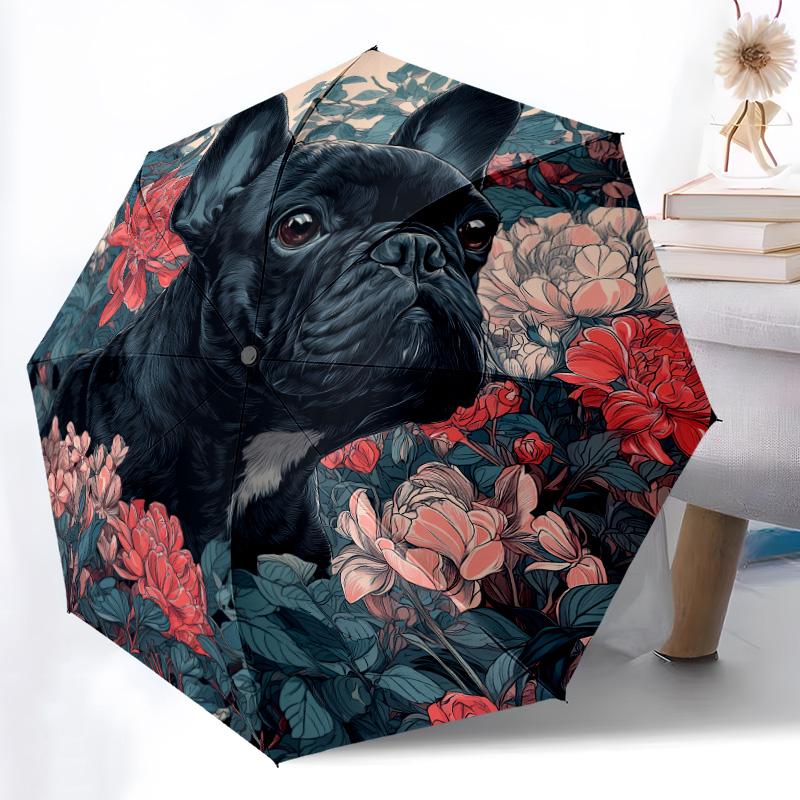 0106 Floral Black Dog  pattern, automatic folding umbrella, portable and foldable design, 8 ribs, a Christmas or birthday gift.
