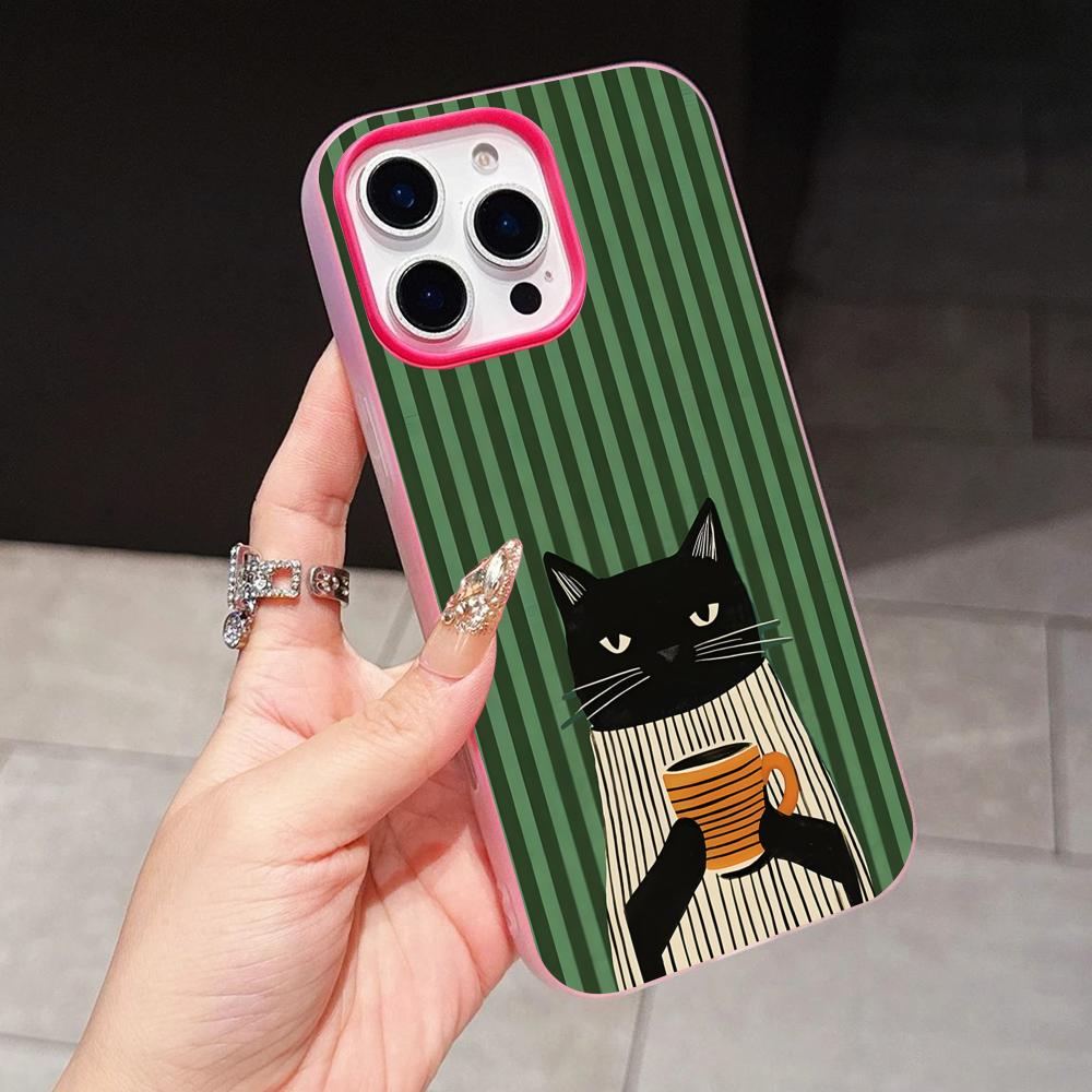 Cute Coffee Cat Jelly Double layer Rose Red Mobile Phone Case for iPhone 17 16 15 14 13 12 11 Air Pro Max Plus Protective