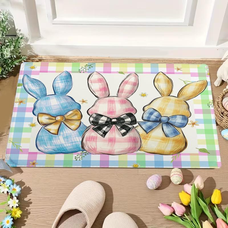 Kawaii Easter Bunny Print Polyester Mat Runner Springtime Picnic Welcome Rug for Nursery Kitchen Bathroom Kids Decor Cute Door M