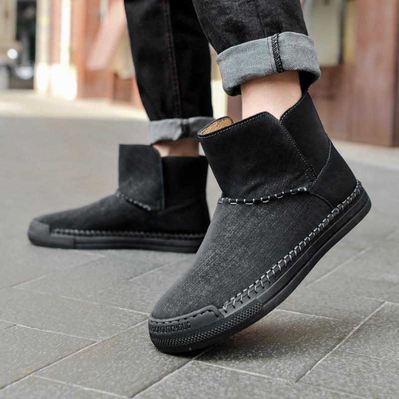 Men's High-Top Casual Shoes Autumn New Leather Breathable Versatile Slip-on Soft Bottom Skateboard Shoes