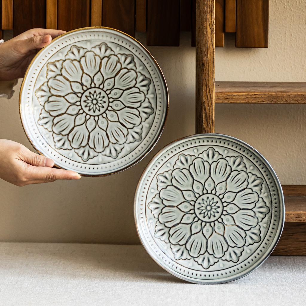 Retro Lotus Pattern Ceramic Dinner Plate Household High Value Vegetable Plate Salad Plate 2025 Tableware