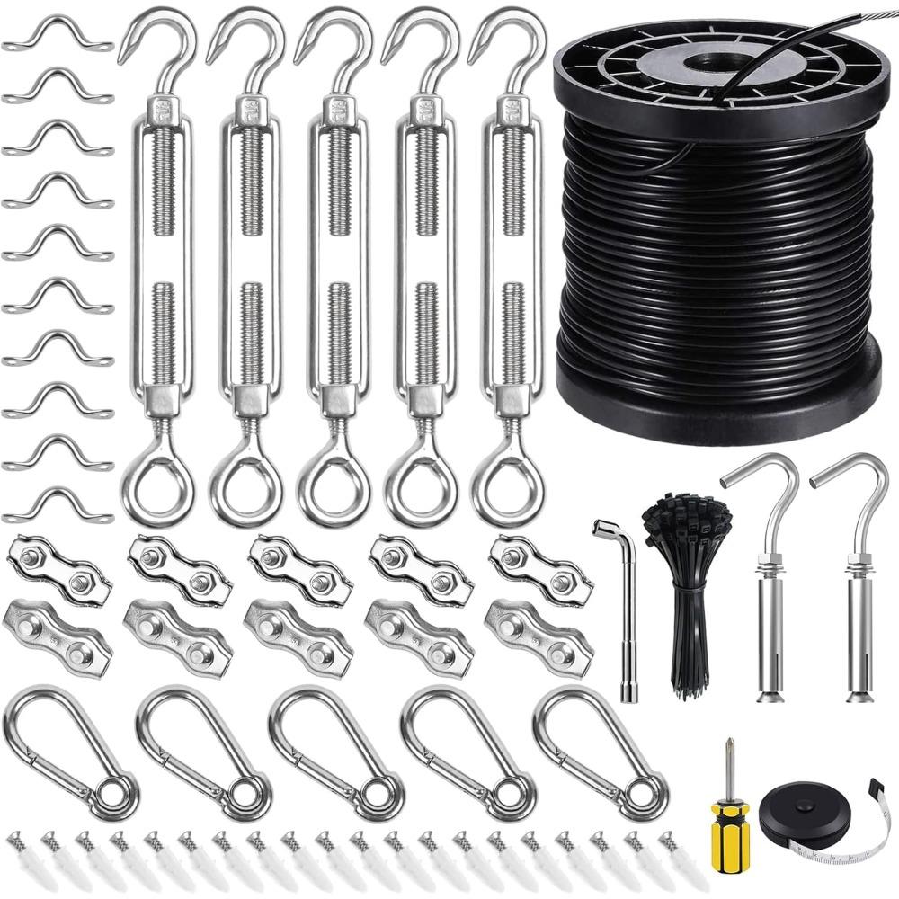 String light hanging kit, 170-foot coated stainless steel 304 wire rope, outdoor light guide cable, string light hanging kit includes adjustment bolts