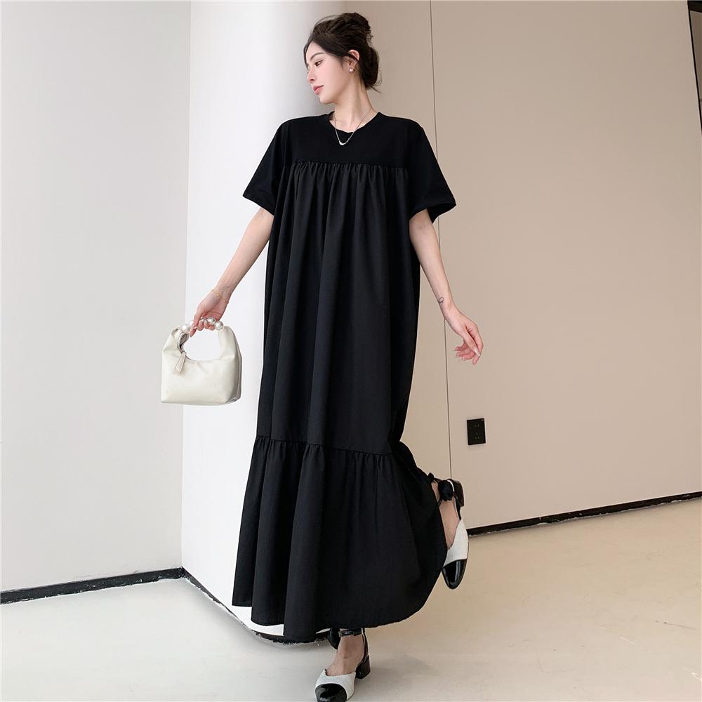 

DIMANAF Women Plus Size New Summer Long Dress Pleated T-Shirt Dress Loose Fashion Basic Black Dresses Maxi 3XL чёрный