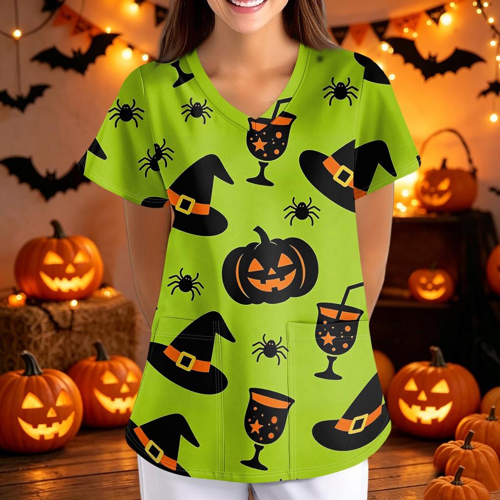 Women Halloween Printed V Neck Loose Fit Short Sleeve Scrub Top with Pockets Soft Fabric Comfortable Shirt