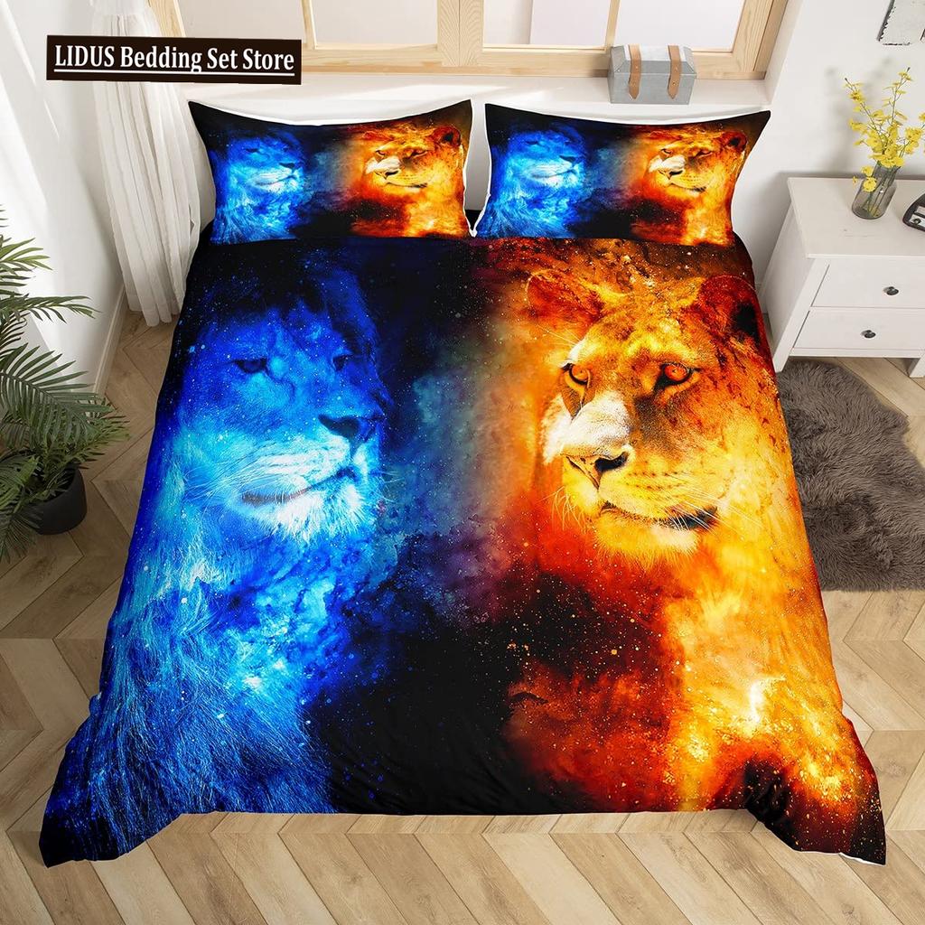 Lion Rose Duvet Cover Sets King Size Animal Floral Print Polyester Comforter Cover Nature Theme Bedding Set For Kids Adult Teens