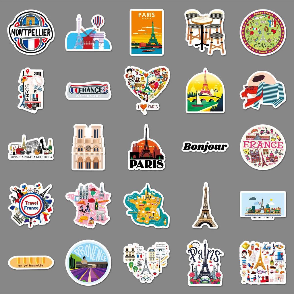 50 French Landmark Cartoon Travel Stickers for Suitcase Decoration