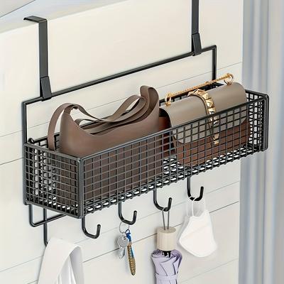1pc Over The Door Storage Shelf, Single/Double Layer Door Back Storage Rack,  Multifunctional Sundries Organizer, With 5 Hooks