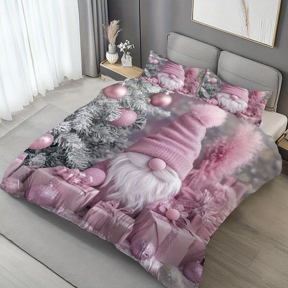 Latacaca 2/3Pcs Christmas Gnome Duvet Cover Set Pink Themed Bed Cover Set Festive And Cozy Bedding Set Christmas Gift