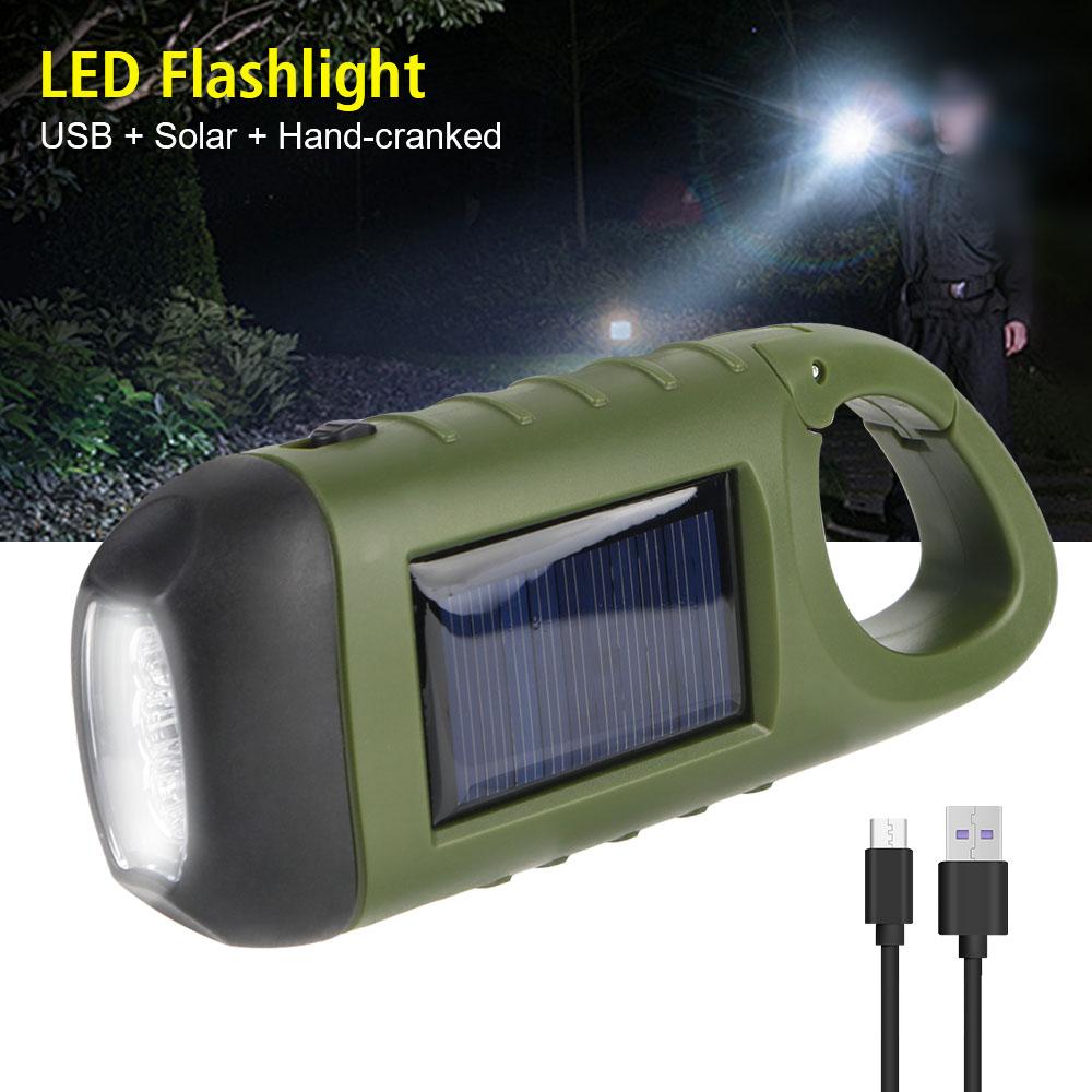 For Outdoor Camping Hiking Hand Crank Dynamo Flashlight Portable USB Charging Emergency Torch Survival Gear Solar Powered LED Flashlight