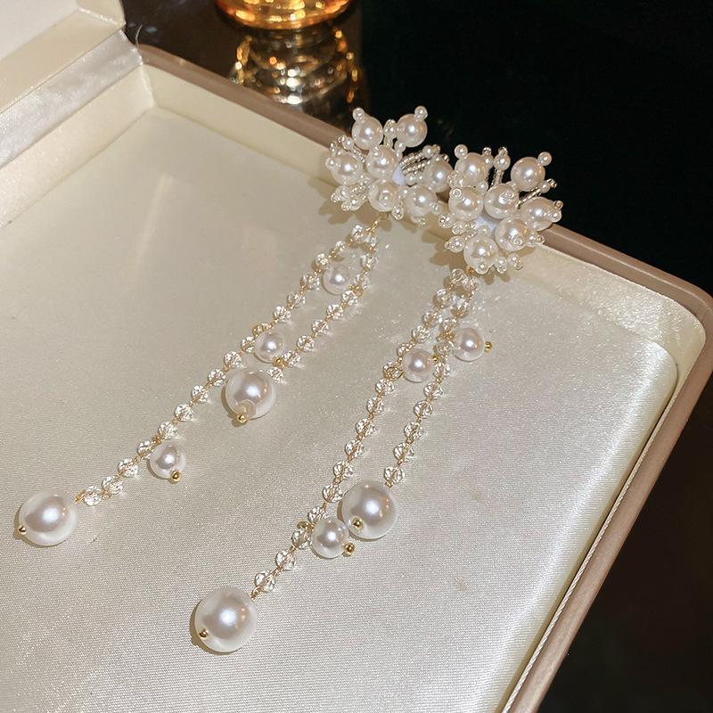 Silver Needle Fabric Flower Glass Fringed Earrings Medium Antique Temperament Stud Earrings Design Sense Niche Earrings