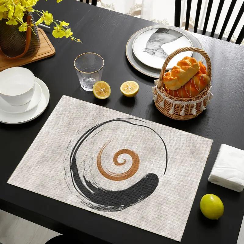 4pcs Runner da Tavola Bohemien – Design Astratto a Spirale d'Inchiostro, Stile Lino Beige, Decorazione Minimalista per Sala da Pranzo, Picnic e Uso Domestico
