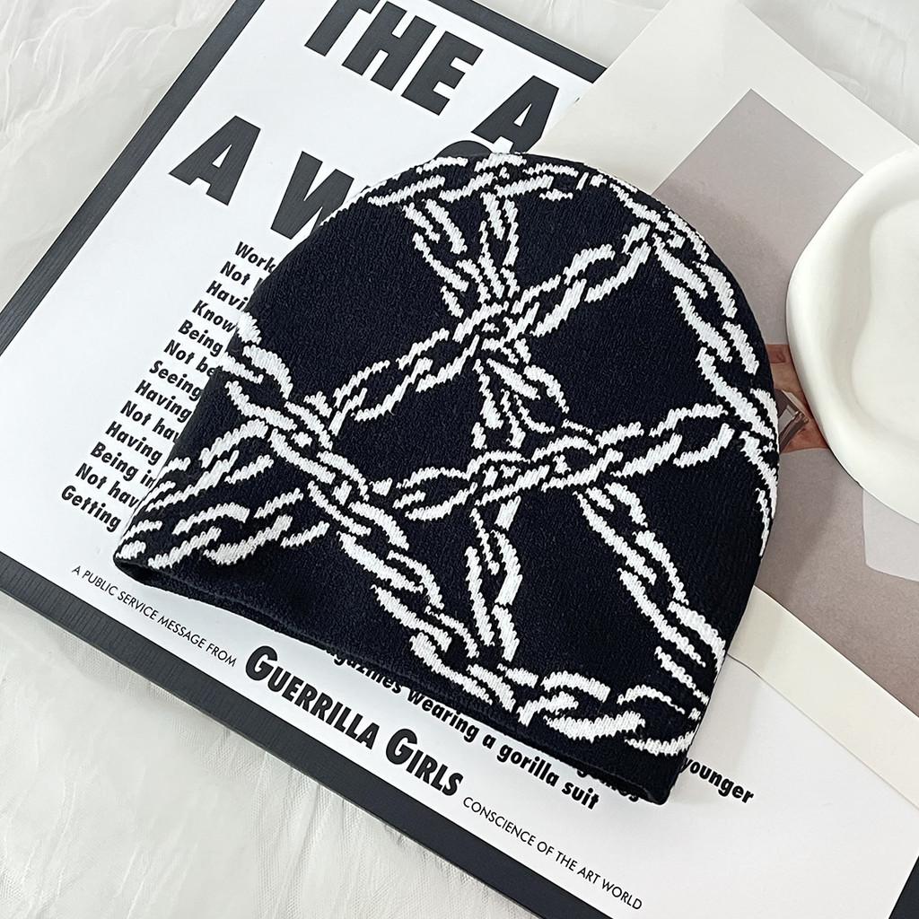 Y2k Goth Style Knit Hat With Chain Pattern For Streetwear And Hiphop Fans