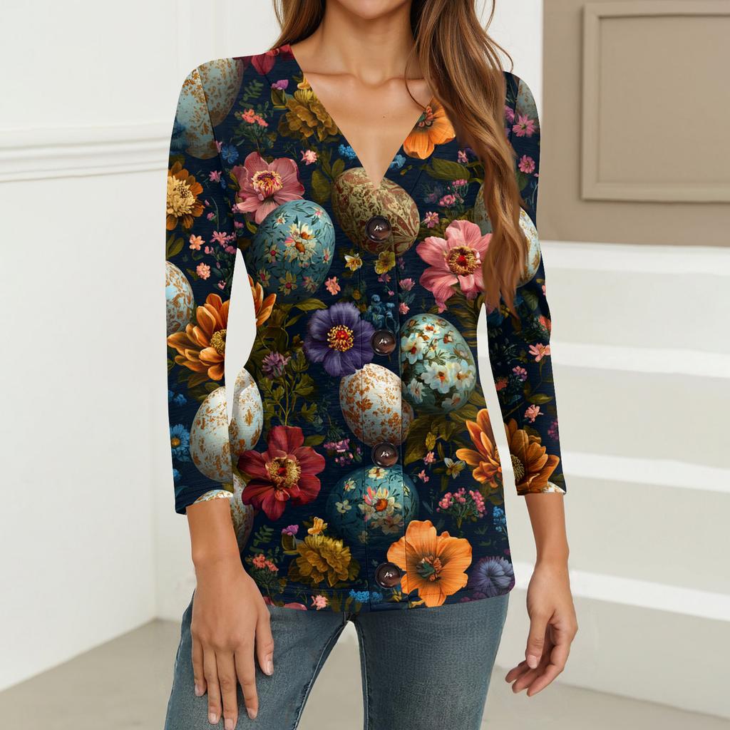 Women's Fashion Casual Print Button-down Shirt 3/4  Sleeve Tops