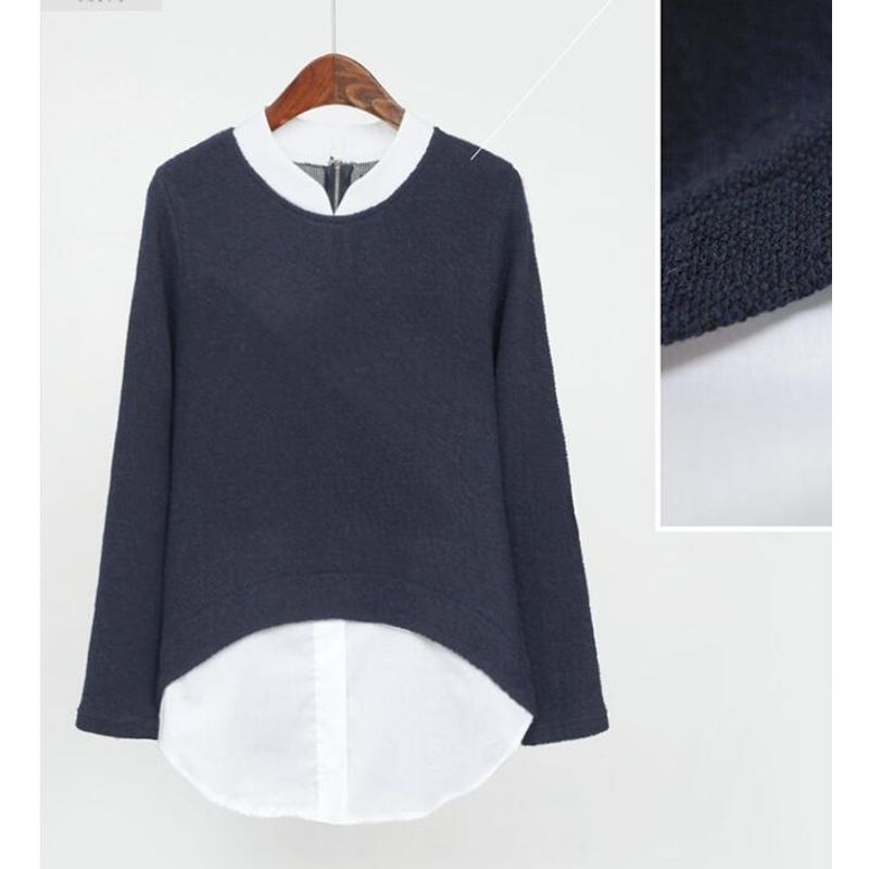 

Fashion Style T-shirt in Contrast Color Shirt Women Fake Two-Piece Dark blue XXXXXL