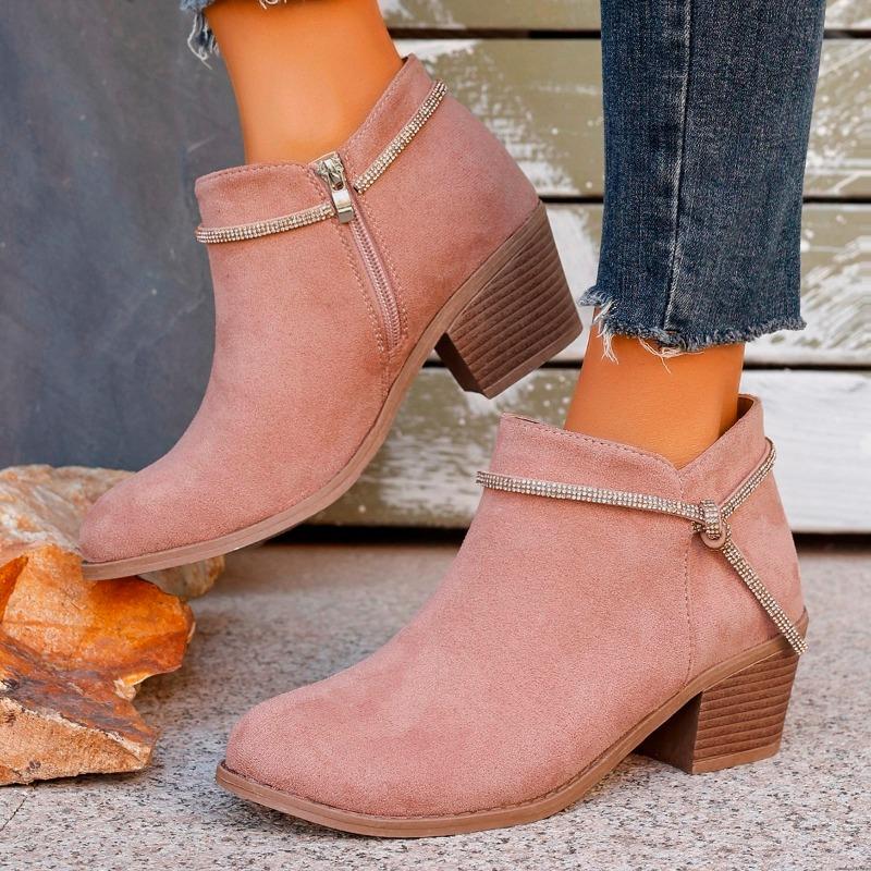 Fashion Women's Chunky Single Boots Autumn New Pointed Head Cattle Suede Side Zipper Rhinestone Anti-slip Wear-resistant Short Boots