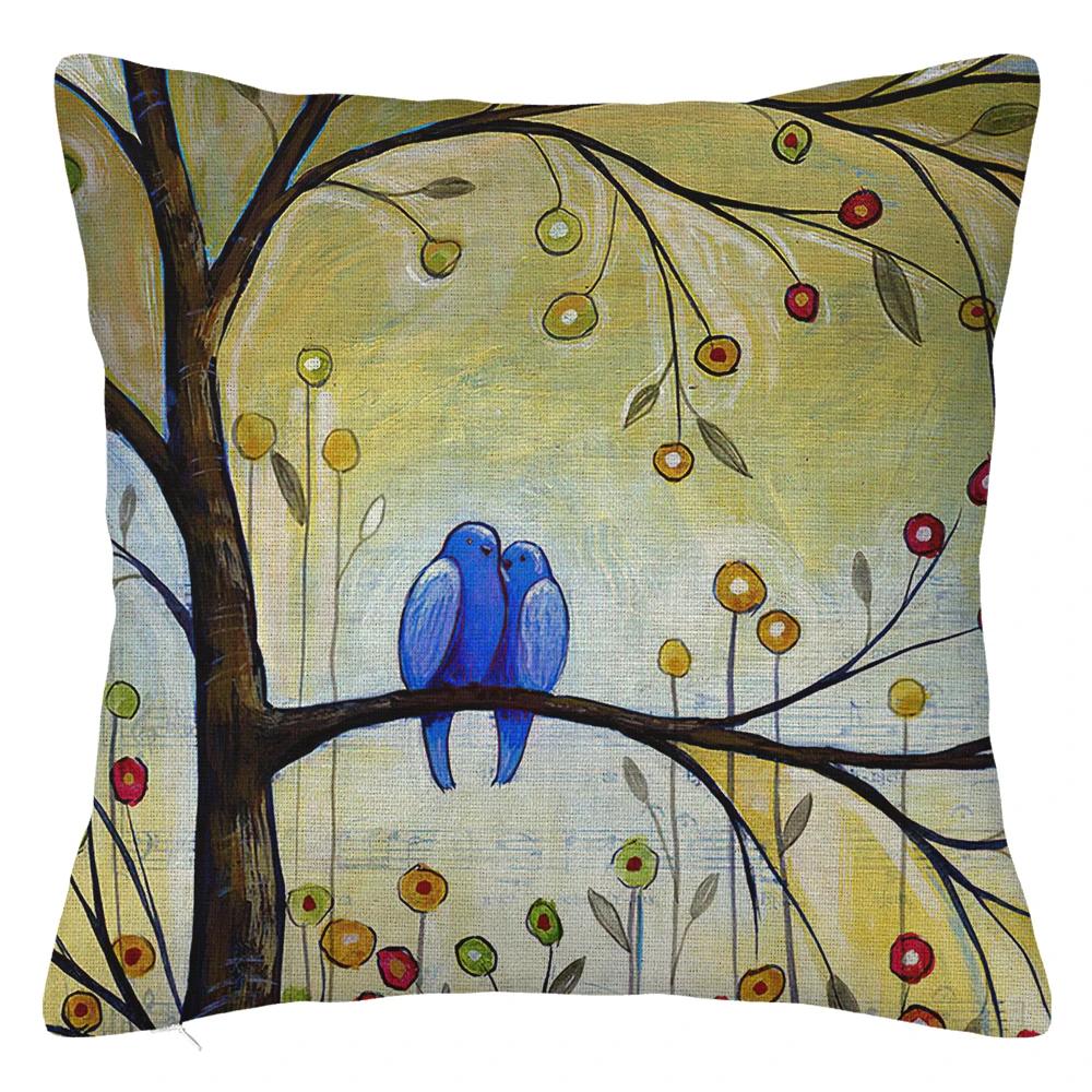 Branch Bird Flower Linen Pillowcase Sofa Cushion Cover Home Decoration Can Be Customized for You 40x40 50x50 60x60 45x45