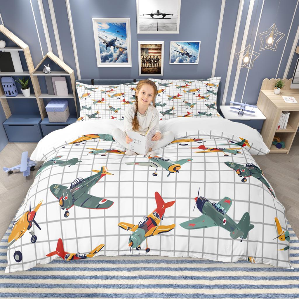 Homewish Cartoon Aircraft Train Duvet Cover Set for Children 2pcs/3pcs, Airplane Steam Engine Bedding, Transportation Bed Set