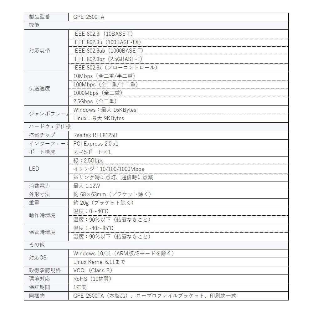 Planex PCIe Bus Compatible LAN Adapter 2.5GBASE-T GPE-2500TA