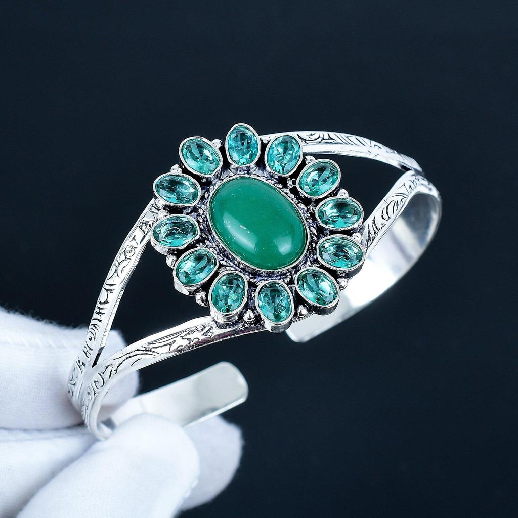 Green Onyx Gemstone Handmade Cuff Bangle 925 Sterling Silver Cuff Bangle, indicolite Flower Shape Bracelet For Wife, Unisex Bangle, Wife Gift
