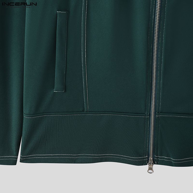 INCERUN Męskie Top T-shirty Casual z Kołnierzem Lapel, Długim Rękawem, Zamkiem Błyskawicznym i Rozcięciami, Dopasowane