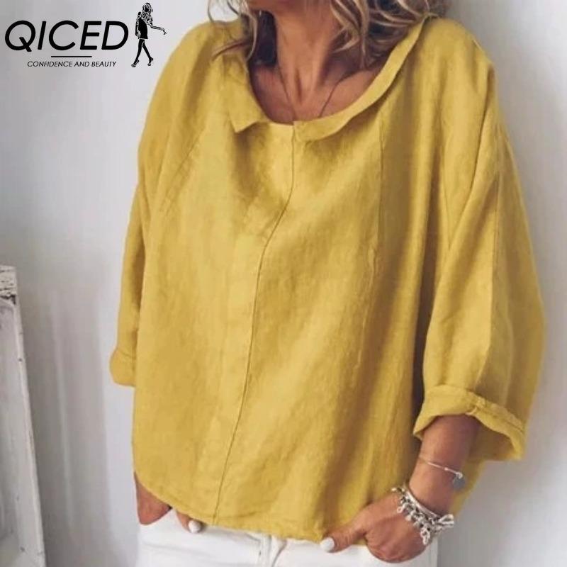 

QICED Женские модные повседневные однотонные блузки и рубашки с длинным рукавом с принтом XXXXXL жёлтый