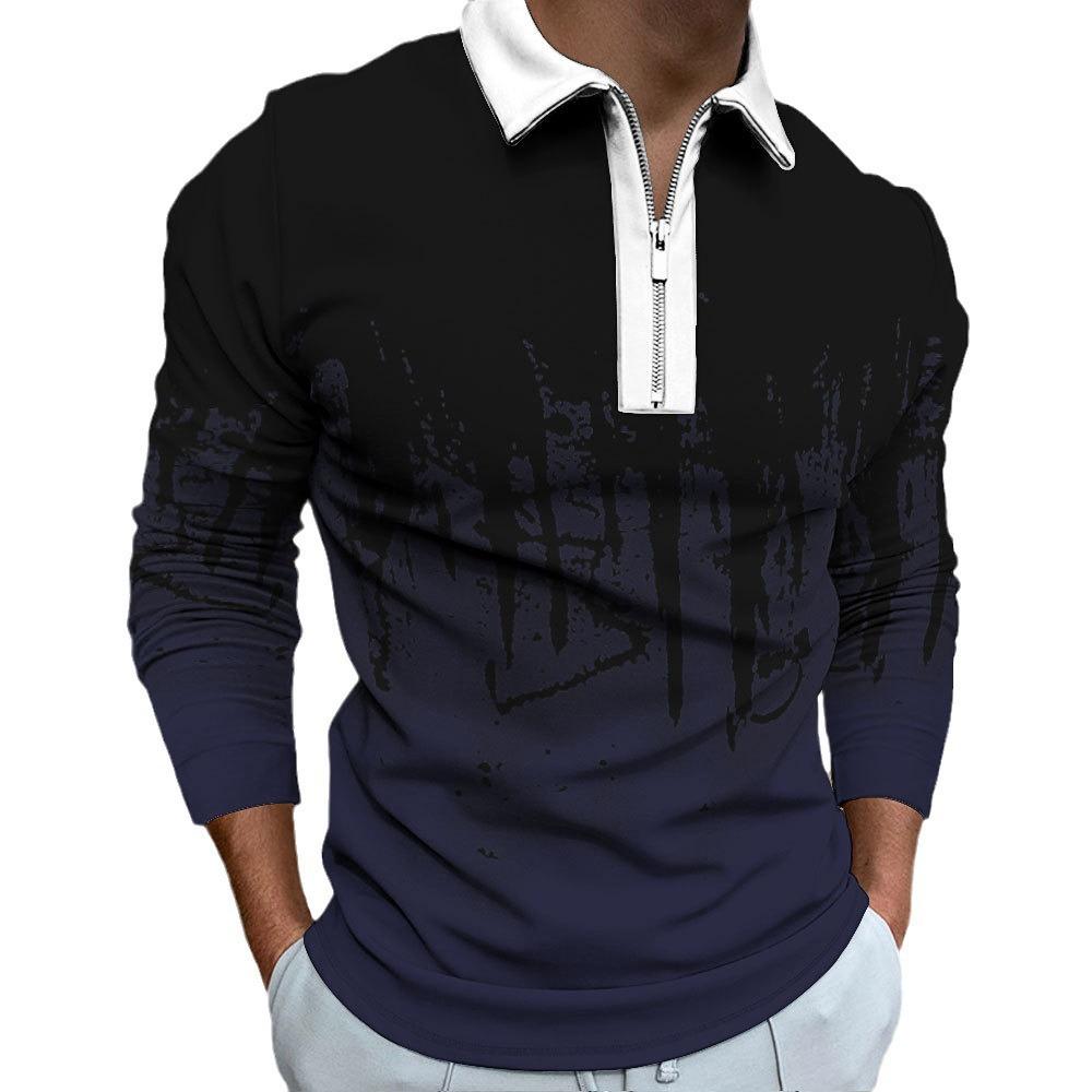Men's Sweatshirt Zip Casual Slim Men's Stripe Digital Print Long Sleeve Polo Top