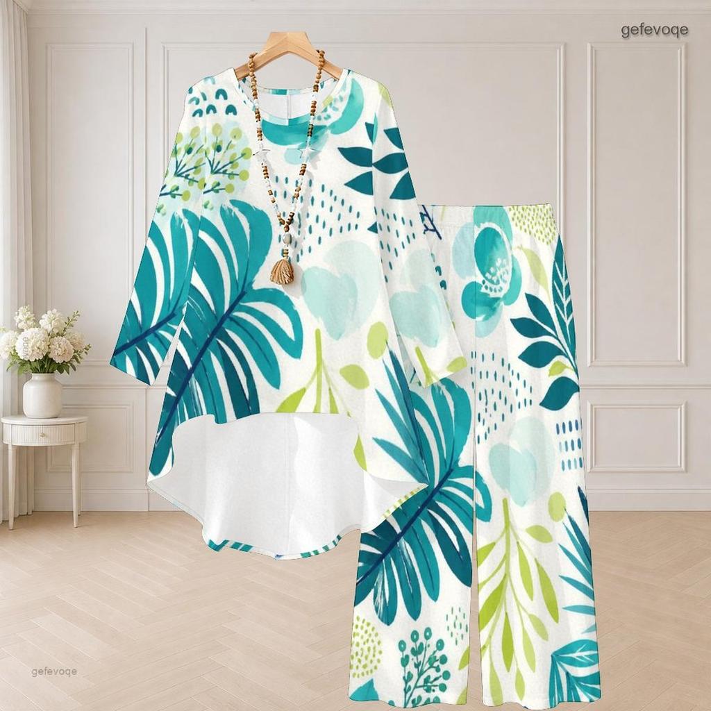 Women Plus Size Round Neck Long Sleeve Printed High Low Top Wide Leg Pants Two Piece Set