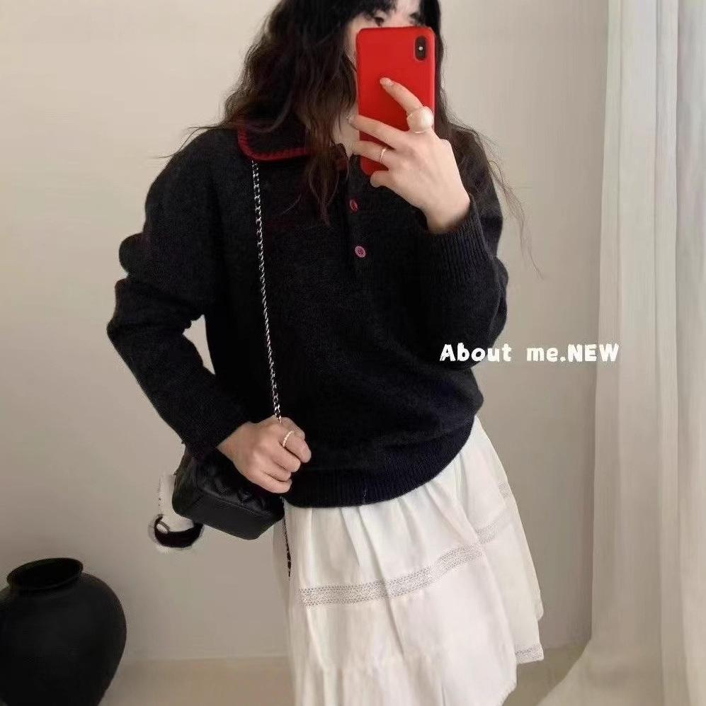 Women's Contrast Color Polo Collar Long-Sleeve Wool Knit Sweater - Loose Fit, Slimming Autumn Top