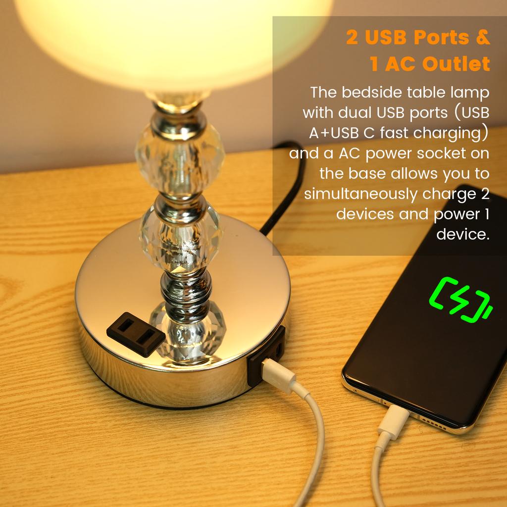Luxury Bedside Table Lamp Bedroom Nightstand Lamp with 3000K Warm Light Bulb Fabric Lampshade Desk Lamp with USB C+A Charging PortCelsiusAC Ou