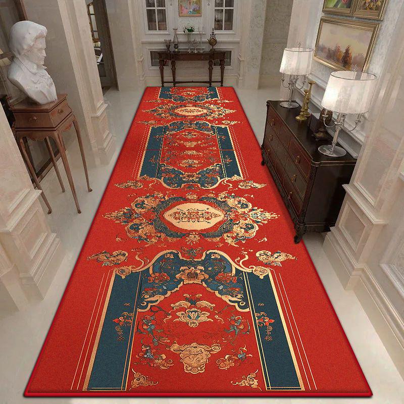 Persian Style Red Long Hallway Carpet Lint-free Stairway Decor Non-slip Large Rug Soft Home Corridor Decoration Mat Easy Clean