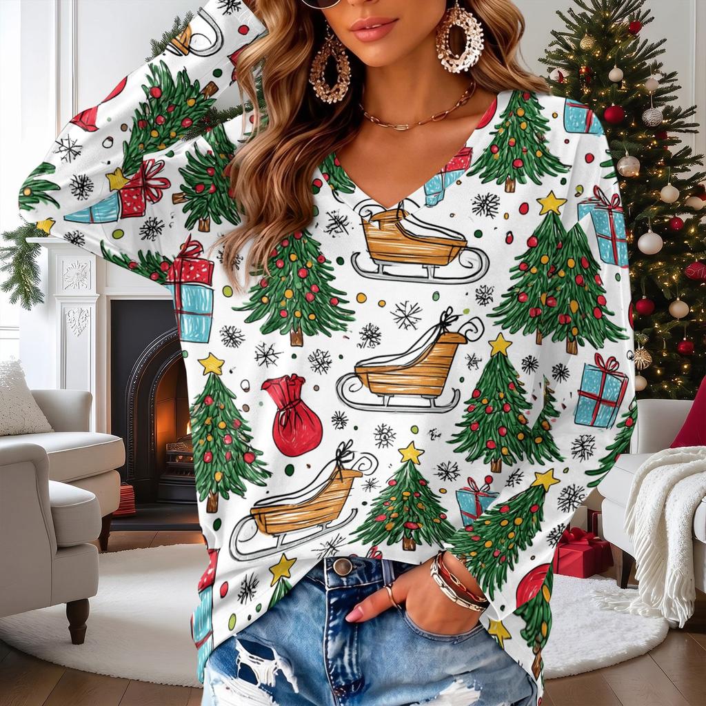 Women's V-Neck Long Sleeve Christmas Print Lightweight Blouse for Spring Summer