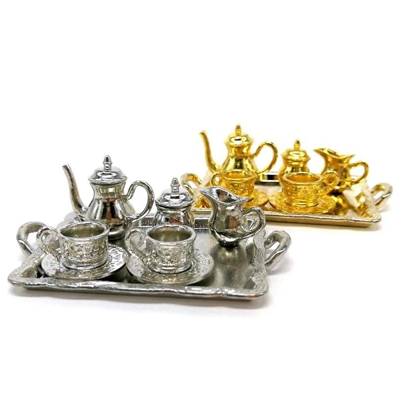 10Pcs/set Doll House Miniature Metal Tea Doll House Furniture Miniature Dining Ware Toy Teapot Cup Plate