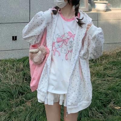 Mikina s kapucí Kawaii Sweet Harajuku Ženy Japonská móda Krajka Patchwork Květinový potisk Kočičí výšivka Mikina s kapucí na zip