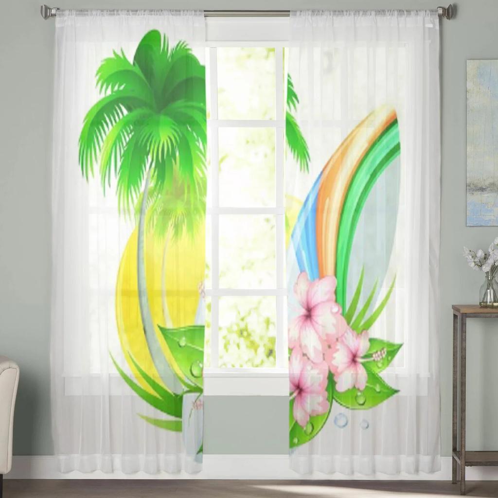 Tende da finestra con palme, fiori di ibisco e tavola da surf per soggiorno, camera da letto da ragazza, tende in tulle, velo da cucina, drappeggi in chiffon