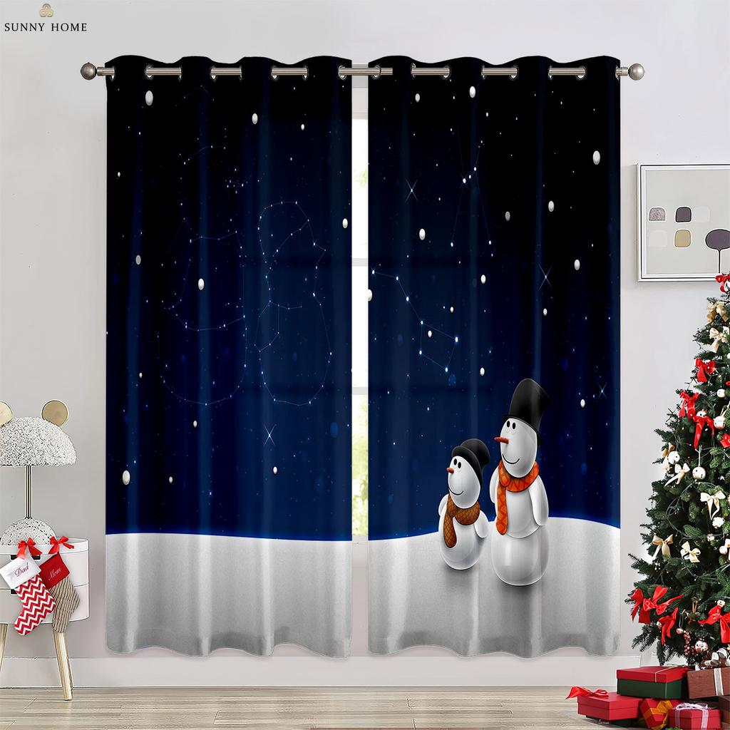 Cute Cartoon Snowman Christmas Decoration Curtains Bedroom Restaurant New Year Holiday Party Decoration Curtains 2 Pieces
