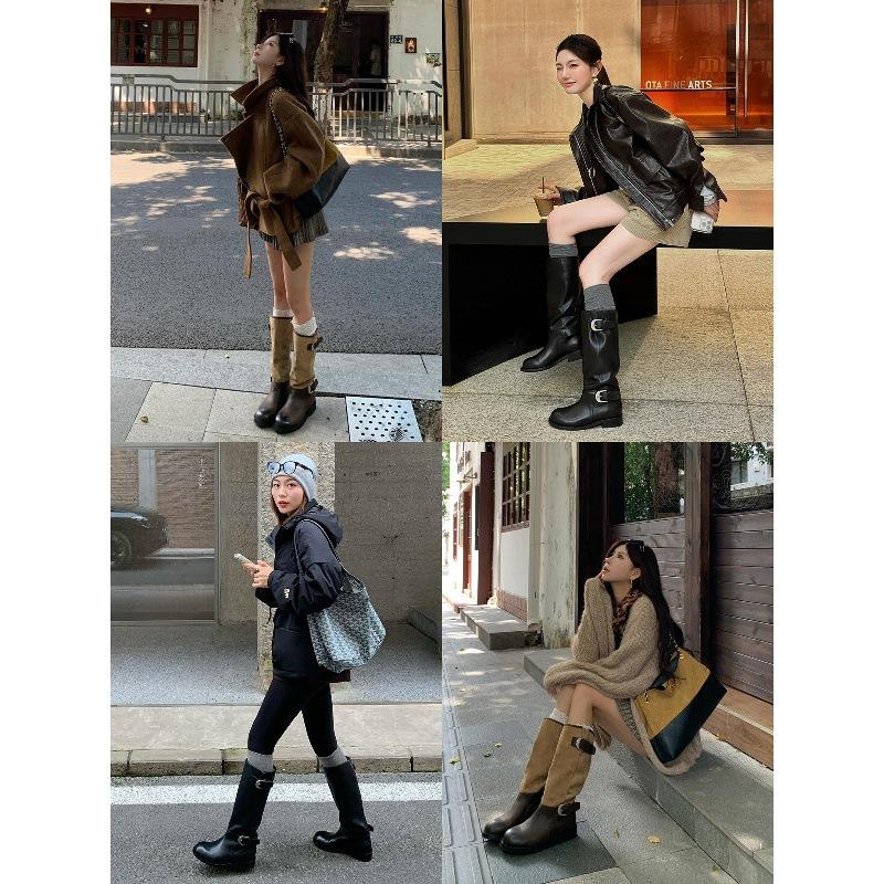 Cowhide version Ma Sichun same fashionable leather buckle with round head splicing thick heel knight boots women's boots stacked boots