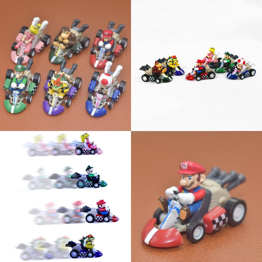 Super Mario Bros Kart Pull Back Car Action Figure Set 6 Pcs Colorful Collectibles