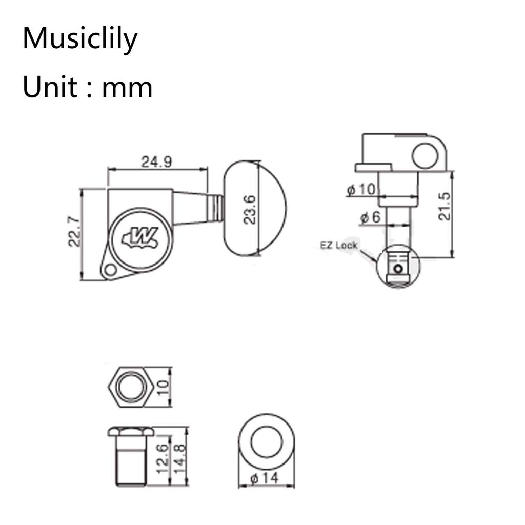 Klucze Wilkinson Guitar Black E-Z-LOK 3+3 Elektryczne/Akustyczne,