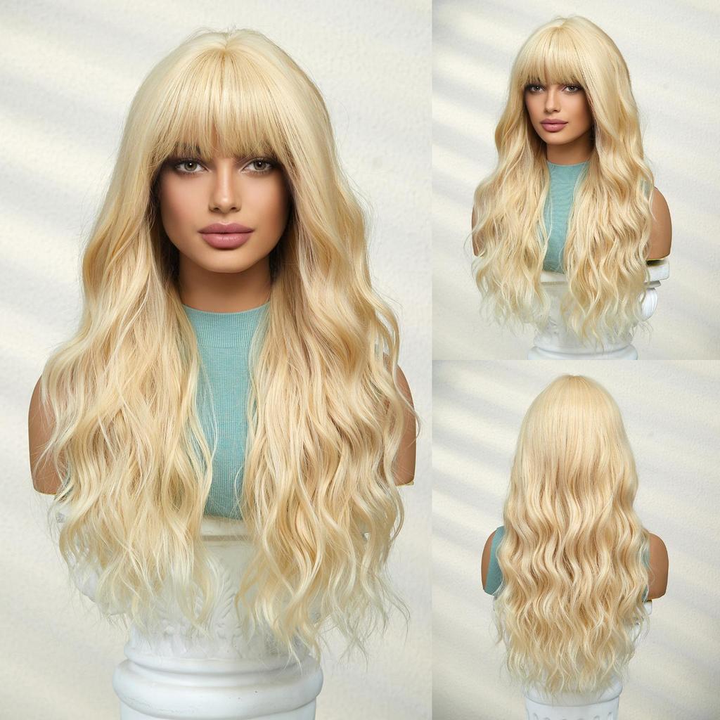 BLONDE UNICORN Long Synthetic Ombre Brown Blonde Wig Wavy Wigs with Bangs Cosplay Wigs for Women Party Use Heat Resistant Fiber