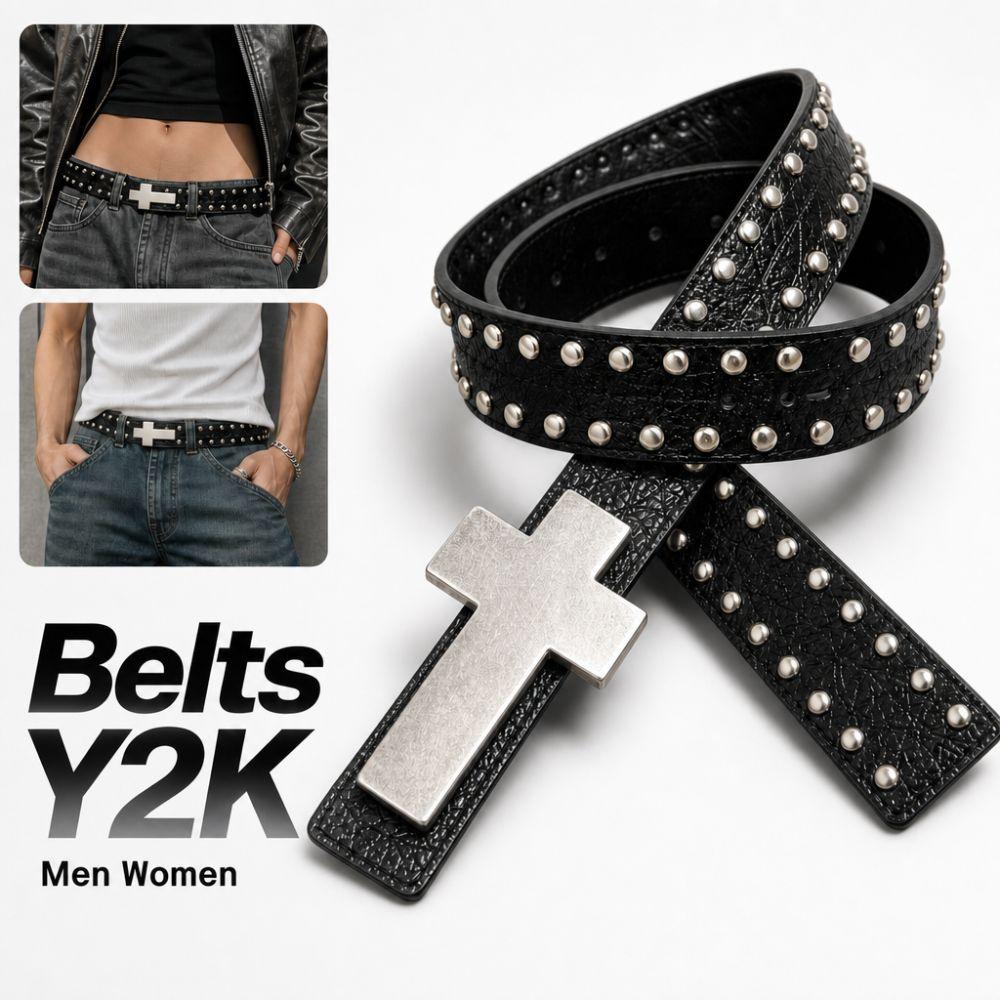 Y2K Rivet Studded Belt Gothic Streetwear Waist Belt Trendy Punk Cross Belt For Men Women Jeans
