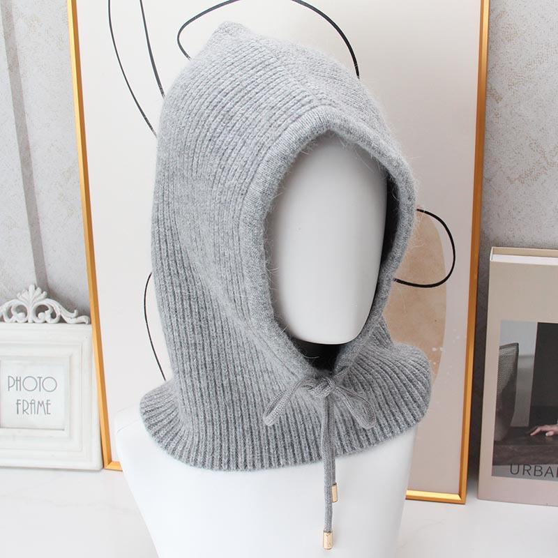 Rabbit Fur Knitted Balaclava Hat Women's Winter Integrated Neck Guard Hat Drawstring Warm Hooded Scarf European and American Cold Hat