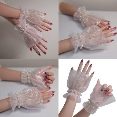 2pack Delicate Pearls Tulle Sleeves Fingerless Wedding Gloves Bride Oversleeves for Wedding Ceremonies