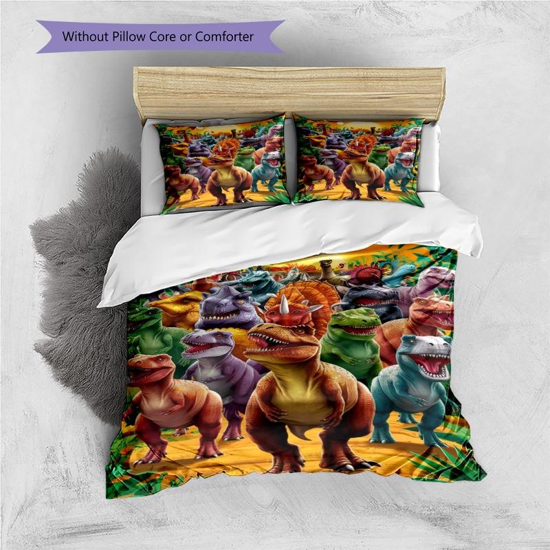 Colorful Dinosaur Jungle Group Print 3‑Pieces Duvet Cover Set Prehistoric Animal Bedding Bedroom Home Decor Without Pillow Core Comforter